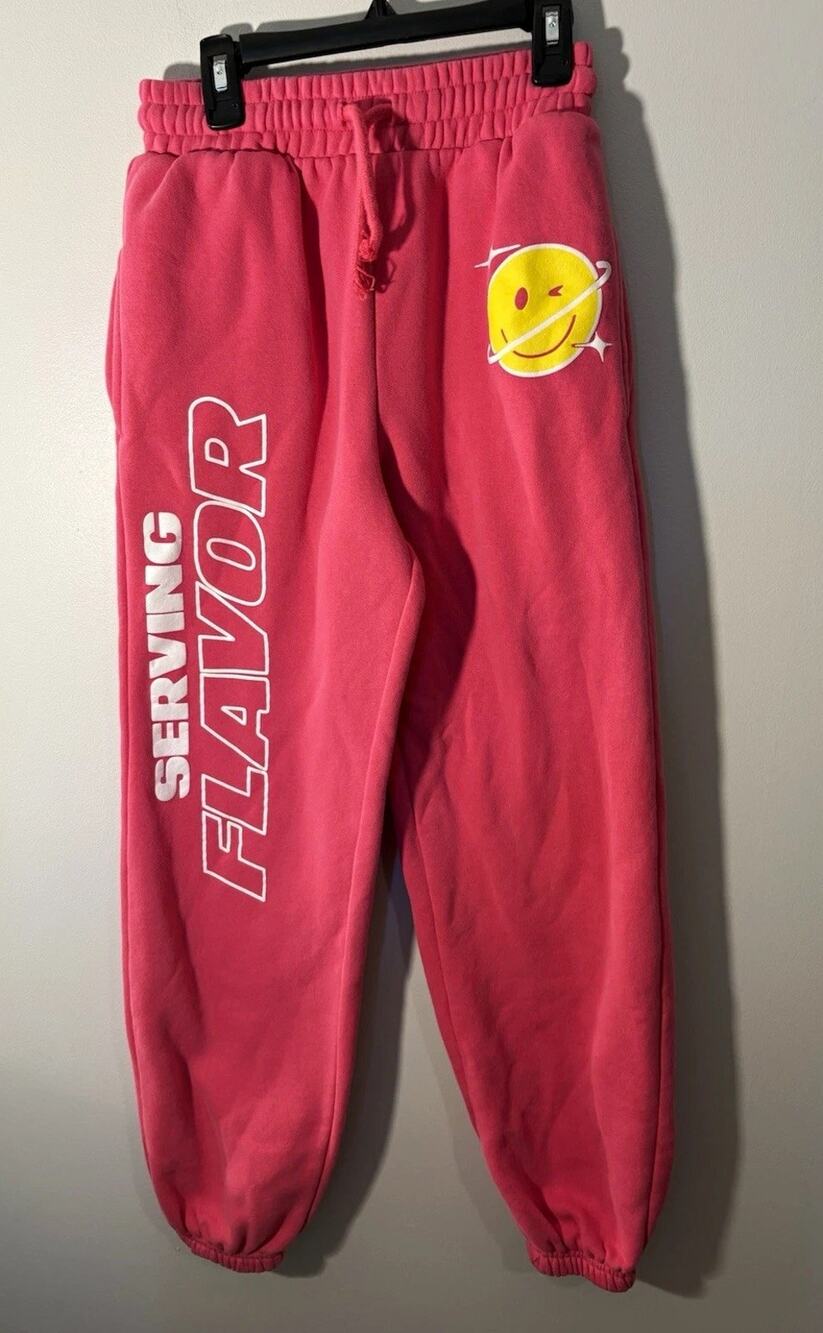poppi Womens Pink Jogger Pants XS Drawstring Elastic Tapered Smiley Logo Print